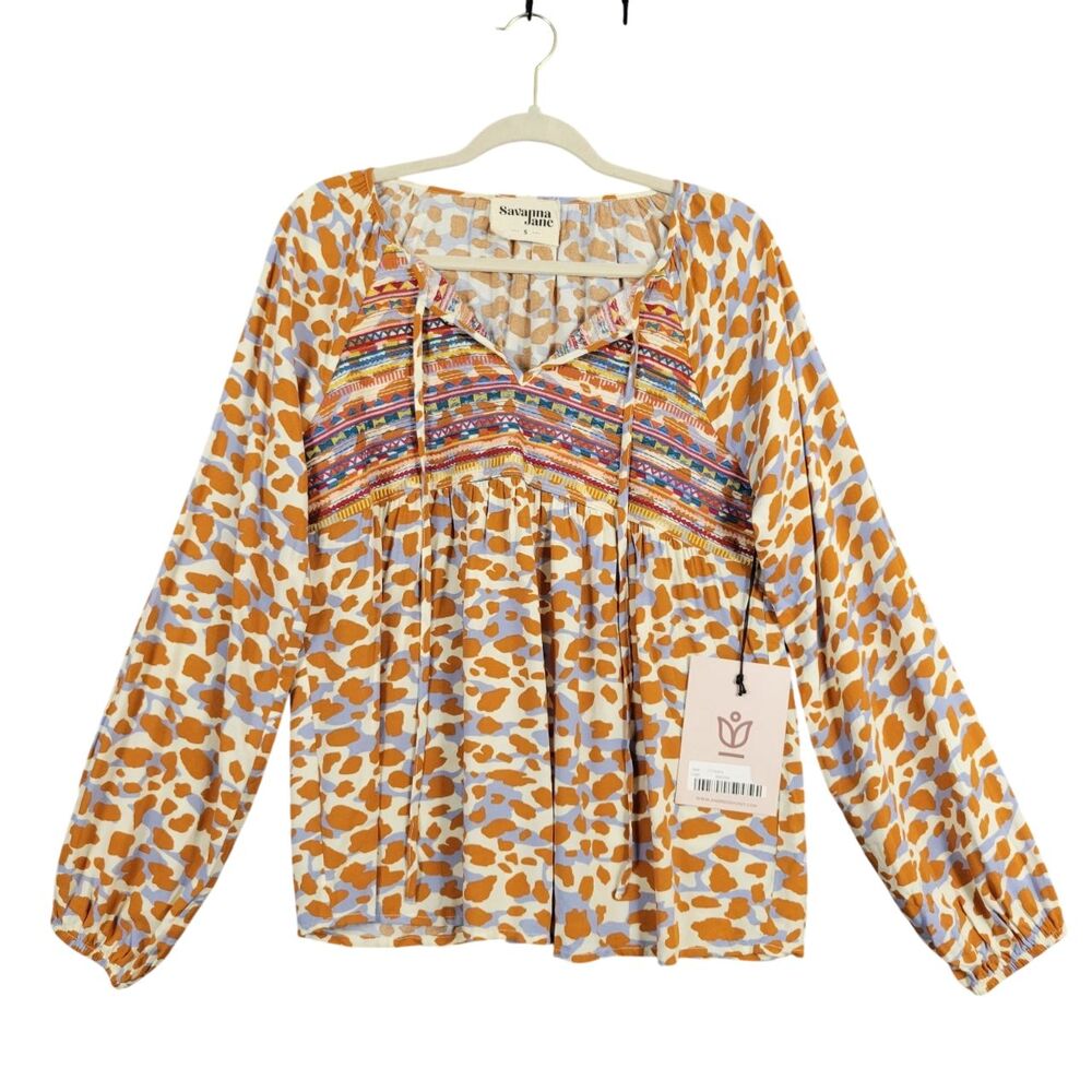 NWT SAVANNA JANE 17928 Animal Print Southwestern Embroidered Boho Top SIZE SMALL - Picture 1 of 8